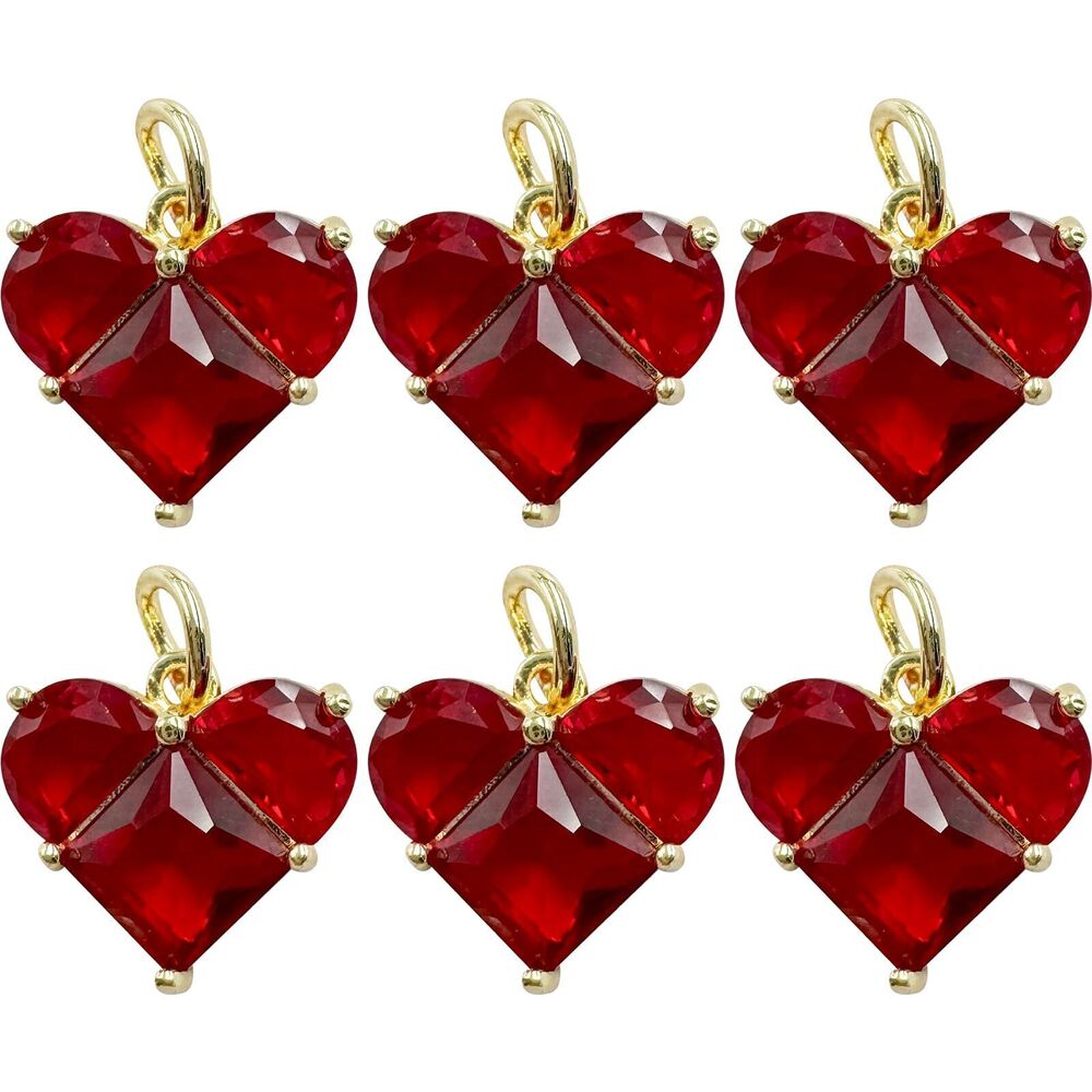 3195 6PCS Big Heart Charms Red Crystal Gold Plated Brass Zircon for Jewelry